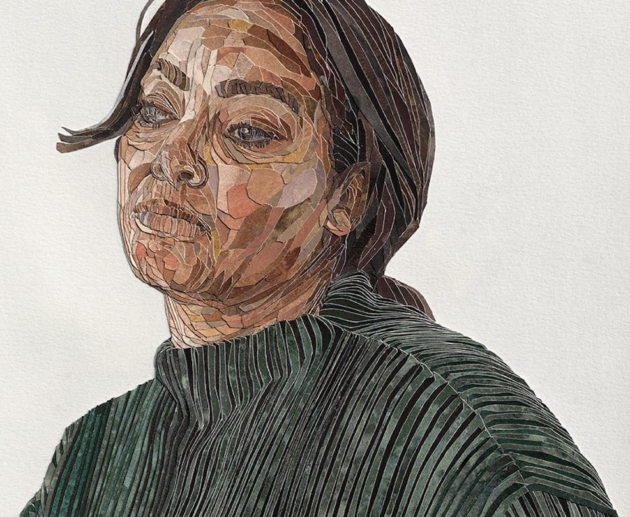 YoYo Lander retrata experiências humanas complexas por meio de colagem, feita com pedaços de papel aquarela manchados individualmente