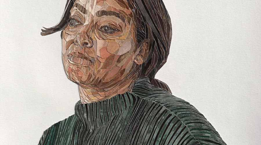 YoYo Lander retrata experiências humanas complexas por meio de colagem, feita com pedaços de papel aquarela manchados individualmente